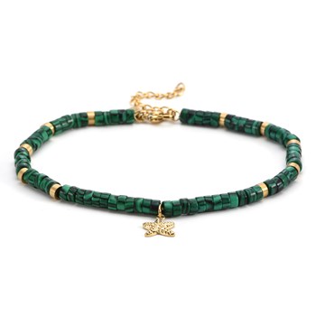 Zestig Stenen - 60 - Gouden Enkelband Ketting Heishi Malachiet Zeester Kralen - 25 X 0,4 cm