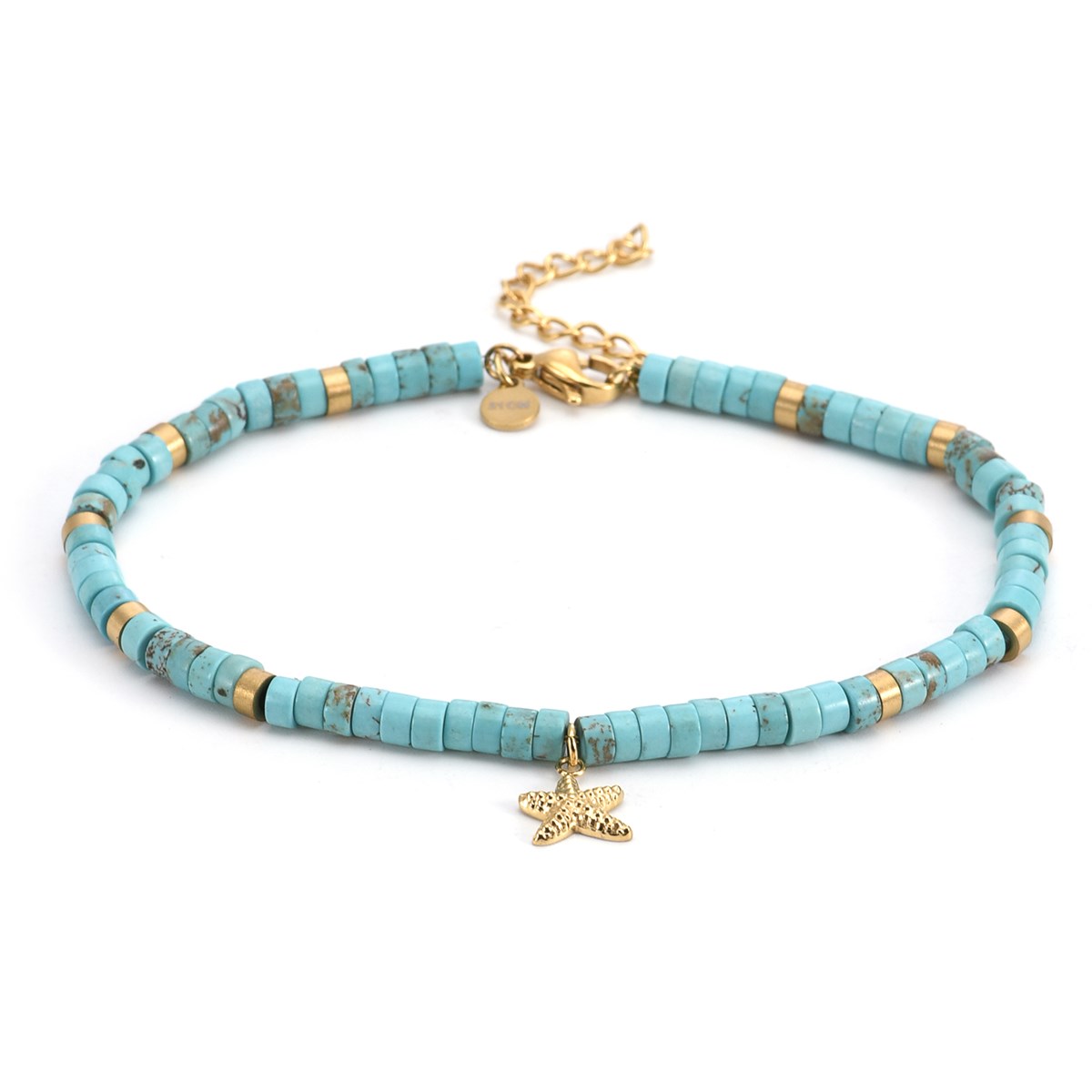 Sixty Stones - 60 - Chaîne De Cheville Dorée Perles Heishi Turquoises étoile De Mer - 25 X 0,4 Cm