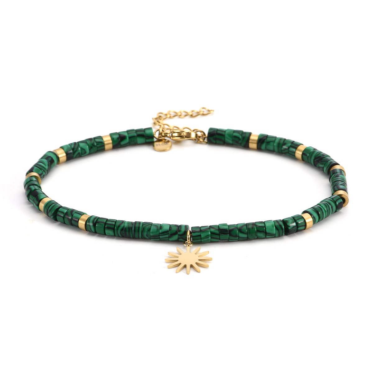 Sixty Stones - 60 - Chaîne De Cheville Dorée Perles Heishi Malachite Soleil - 25 X 0,4 Cm