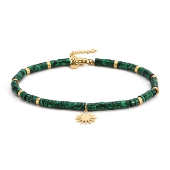 Zestig Stenen - 60 - Gouden Enkelband Ketting Heishi Malachiet Zon Kralen - 25 X 0,4 cm