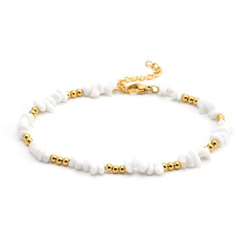 Sixty Stones - 60 - Anklet Chain Natural Stone Beads White Chips Gold Beads - 25 X 0,4 Cm