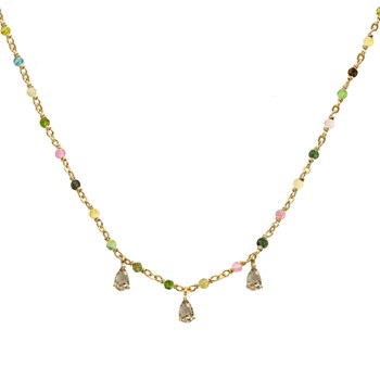 Collier Argent Doré Et Pierres Naturelles Tourmaline Gouttes Quartz Fumé