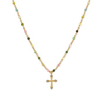 Collier Argent Doré Croix Et Pierres Naturelles Tourmaline