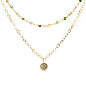 Collier Argent Doré Double Chaine Pampille Et Pierres Tourmaline