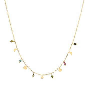 Collier Argent Doré Pampilles De Forme Lune Coeur Et Pierre Tourmaline