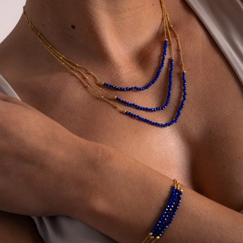 Collier Argent Dorée Trois Chaines Et Pierres Naturelles Lapis