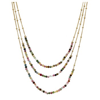 Collier Argent Dorée Trois Chaines Et Pierres Naturelles Multi Tourmaline