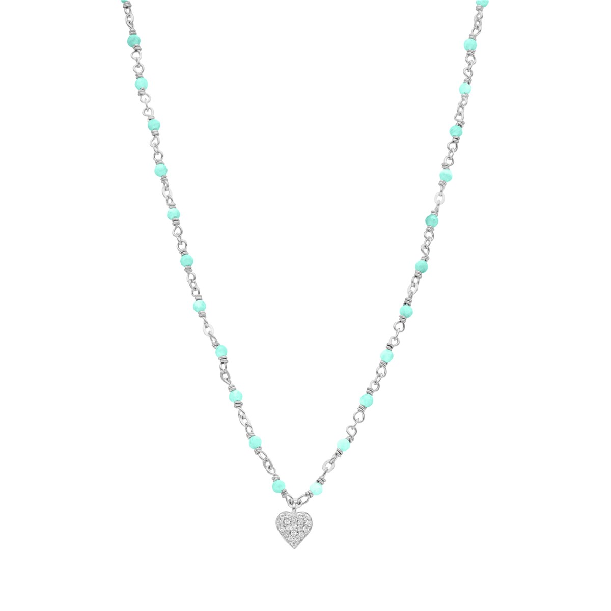 Collier Argent Rhodié Coeur Serti Blanc Et Pierres Amazonite
