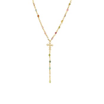 Collier Argent Doré Cravate Croix Et Pierres Tourmaline