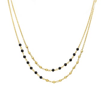 Collier Argent Doré Doubles Chaînes Pierre Spinelle Noir