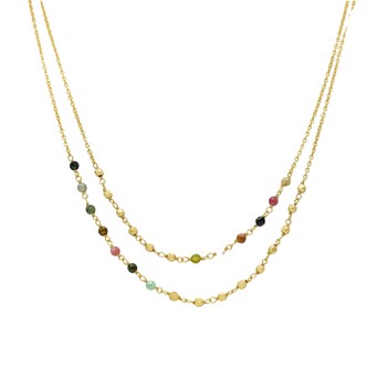 Collier Argent Doré Doubles Chaînes Pierres Multi-tourmaline