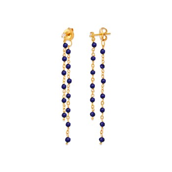 Boucles D Oreilles Argent Dorée Double Chaine Longue Et Pierres Naturelles Lapis