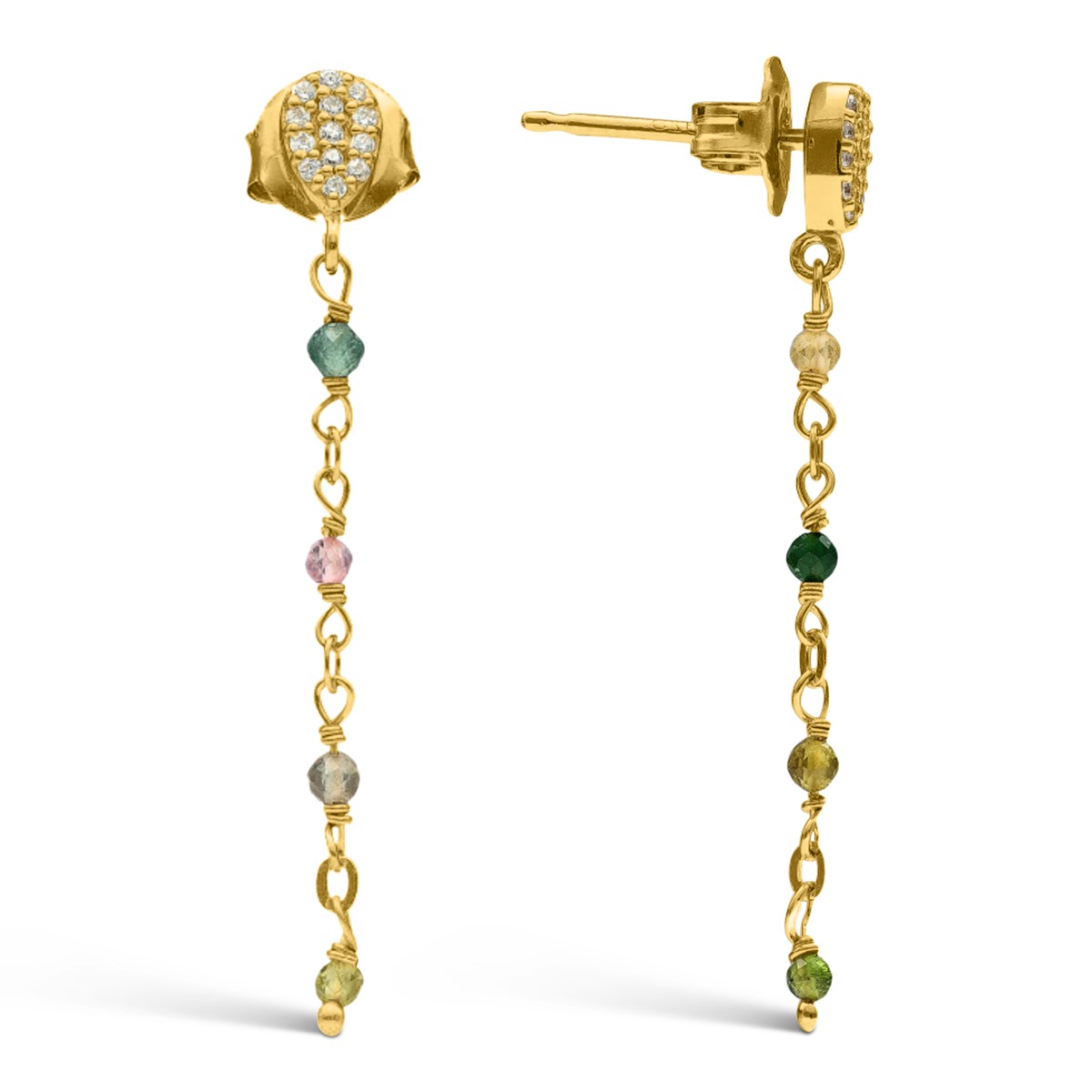 Boucles D'oreilles Argent Doré Pendantes Gouttes Pierres Multi-tourmaline