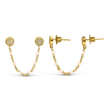 Boucles D'oreilles Argent Dorées Doubles Reliées Rondes Opale Rose