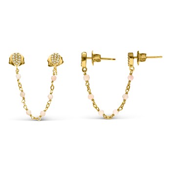 Boucles D'oreilles Argent Dorées Doubles Reliées Gouttes Opale Rose