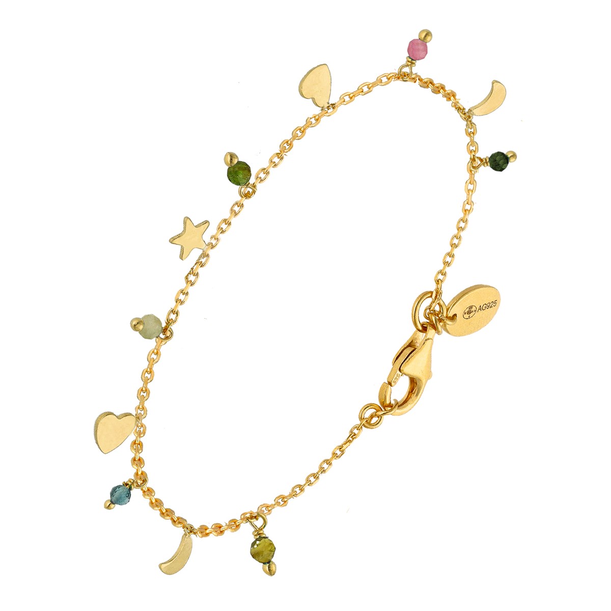 Bracelet Argent Doré Pampilles De Forme Lune Coeur Et Pierre Tourmaline