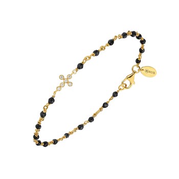 Bracelet Argent Doré Croix Zirconium Blanc Et Pierres Spinelle Noires