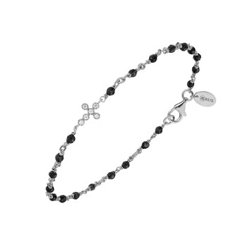 Bracelet Argent Rhodié Croix Zirconium Blanc Et Pierres Spinelle Noires