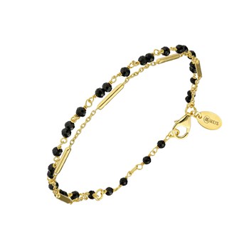 Bracelet Argent Doré Doubles Chaines Barrettes Pierres Spinelle Noire