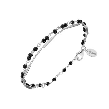 Bracelet Argent Rhodié Doubles Chaines Barrettes Pierres Spinelle Noire