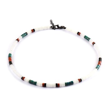 Collier Perles Heishi Pierres Naturelles Agate Rouge Quartz Blanc Malachite