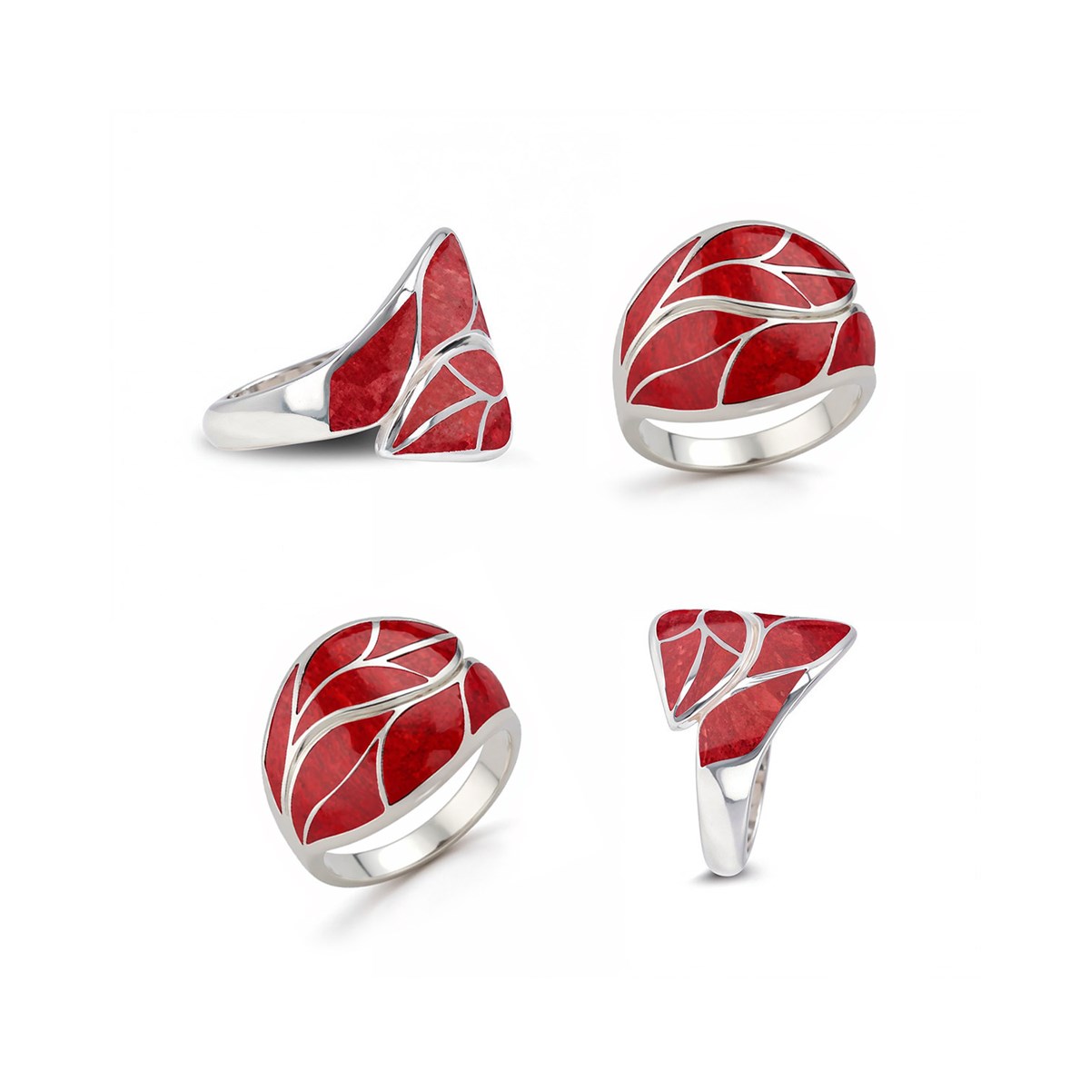 Bague Corail Rouge Motif Feuille Argent 925 | Solèria ADEN - vue 2