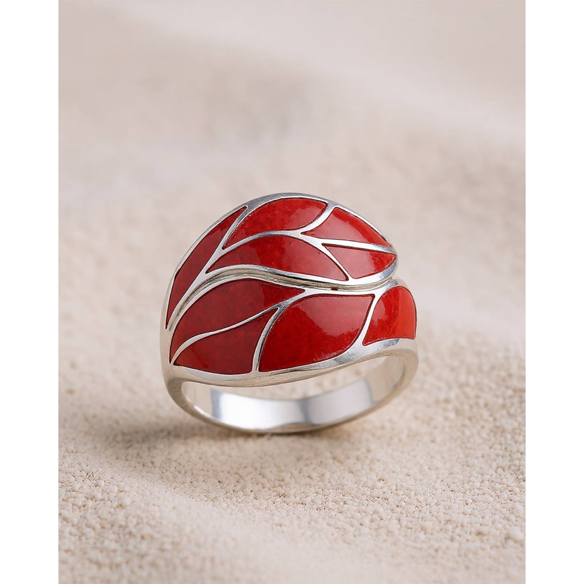 Bague Corail Rouge Motif Feuille Argent 925 | Solèria ADEN - vue 3