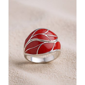 Bague Corail Rouge Motif Feuille Argent 925 | Solèria ADEN