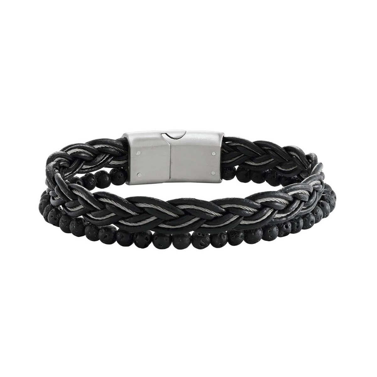 Bracelet Jourdan double rang pierre de lave_x000D_
et cuir tressé noir Magmo
