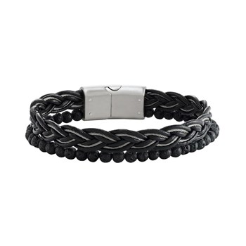 Bracelet Jourdan double rang pierre de lave_x000D_
et cuir tressé noir Magmo