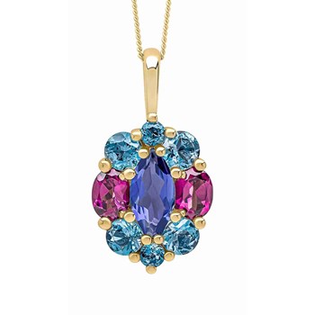 Iolite and blue topaz necklace, rhodonite in gold 375