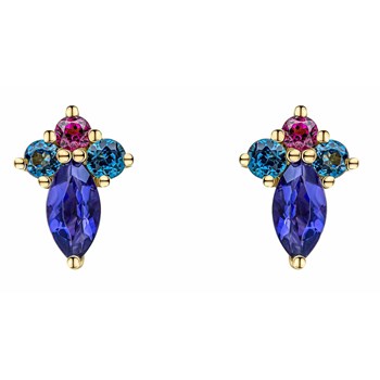 Iolite and blue topaz, rhodonite earrings in 375° gold