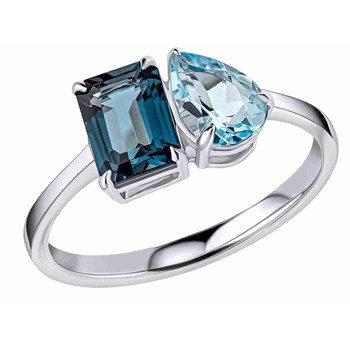 Navy blue and sky blue topaz ring in white gold 375