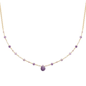 Collier goutte d'eau améthyste pierre naturelle suite de perles Plaqué OR 750 3 microns