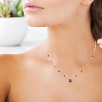 Collier goutte d'eau améthyste pierre naturelle suite de perles Plaqué OR 750 3 microns