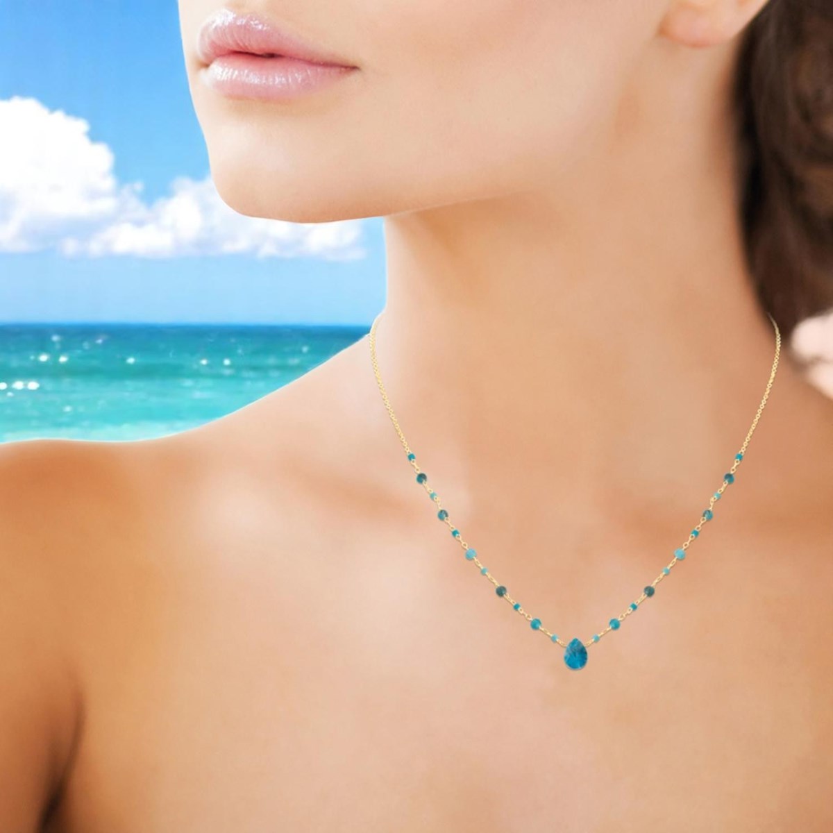 Collier goutte d'eau apatite pierre naturelle suite de perles Plaqué OR 750 3 microns - vue 4