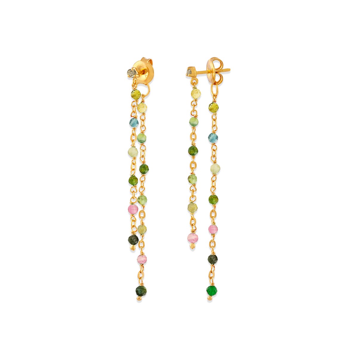 Boucles D Oreilles Argent Dorée Double Chaine Longue Et Pierres Naturelles Tourmaline