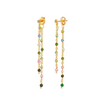 Boucles D Oreilles Argent Dorée Double Chaine Longue Et Pierres Naturelles Tourmaline