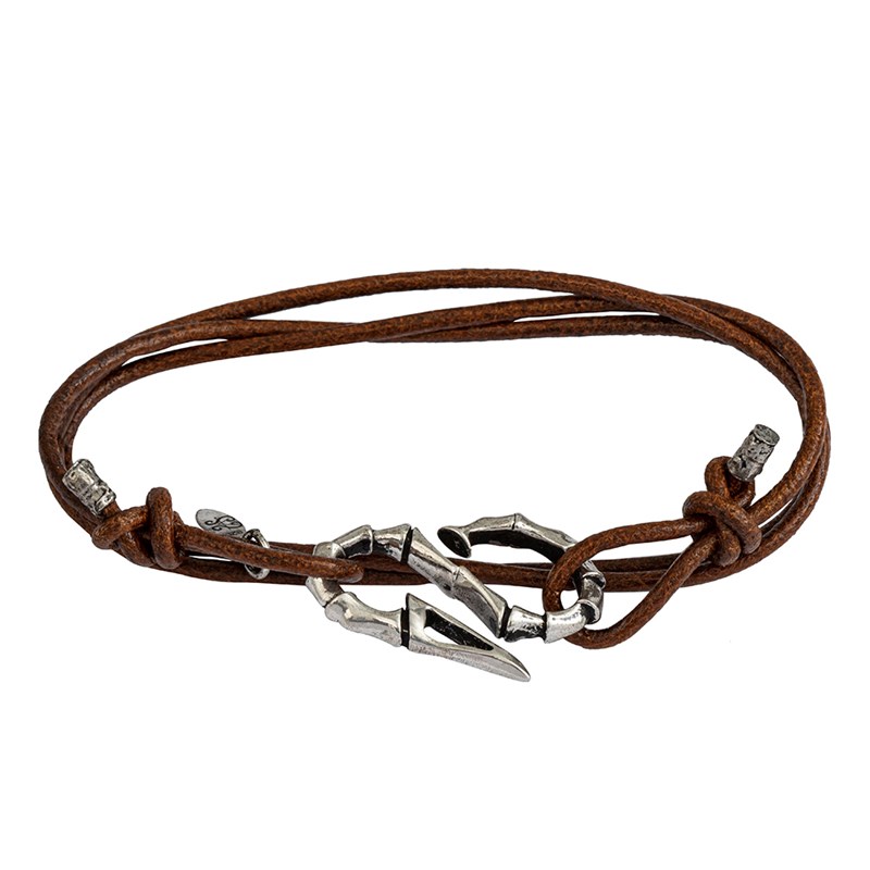 Bracelet Homme Argent Hameçon Cordon Cuir Marron Réglable