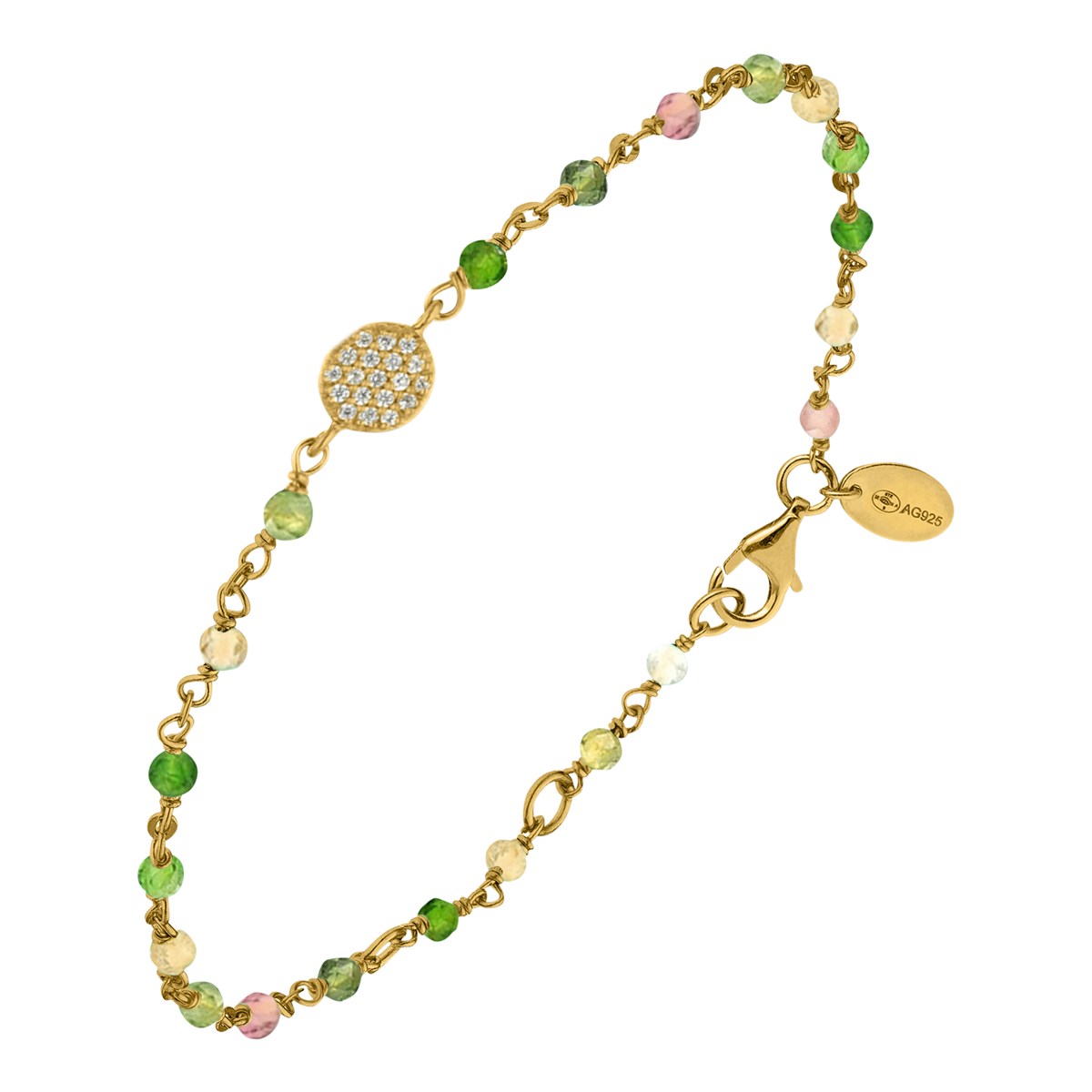 Bracelet Argent Doré Médaillon Serti Blanc Et Pierres Multi-tourmaline