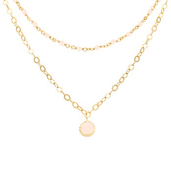 Collier Argent Doré Double Chaine Pampille Et Pierres Opale Rose