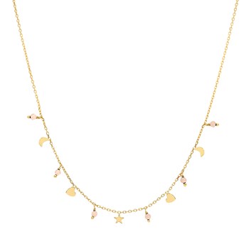 Collier Argent Doré Pampilles De Forme Lune Coeur Et Pierre Opale Rose