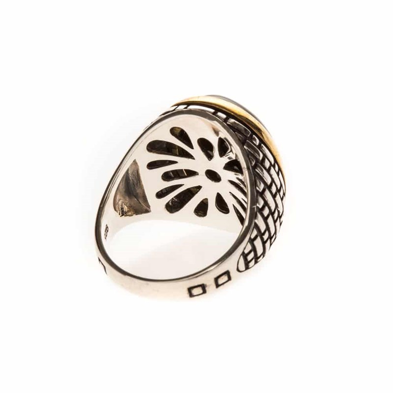 Bague Homme oeil Argent Pierre oeil De Tigre Serti Doré - vue 4