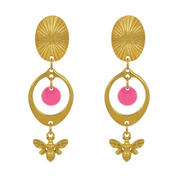 Oorbellen Goud Messing Cirkel Gekleurde Pastille en Bij