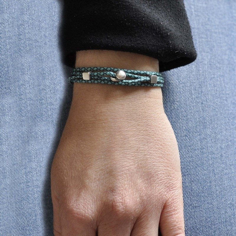 Bracelet Homme Métal Argenté Cubes Fermoir Bouton et Lien en Paracorde - Bleu - vue 4