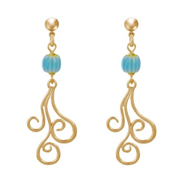 Stud Earrings Gold Metal Striated Beads and Arabesques