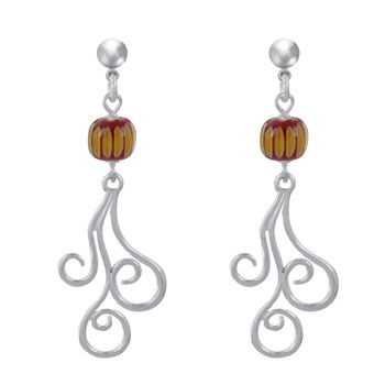 Boucles d'Oreilles Clous Métal Argenté Perles Striées et Arabesques