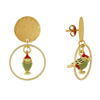 Boucles d'Oreilles Clous Laiton Mat Pastille Brossée Anneau et Oiseau Coloré
