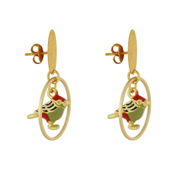 Boucles d'Oreilles Clous Laiton Mat Pastille Brossée Anneau et Oiseau Coloré