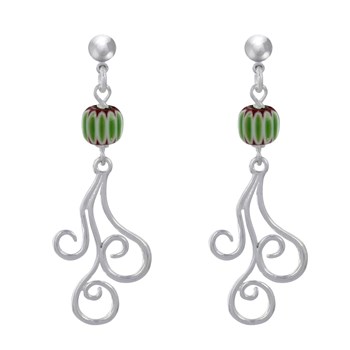 Boucles d'Oreilles Clous Métal Argenté Perles Striées et Arabesques